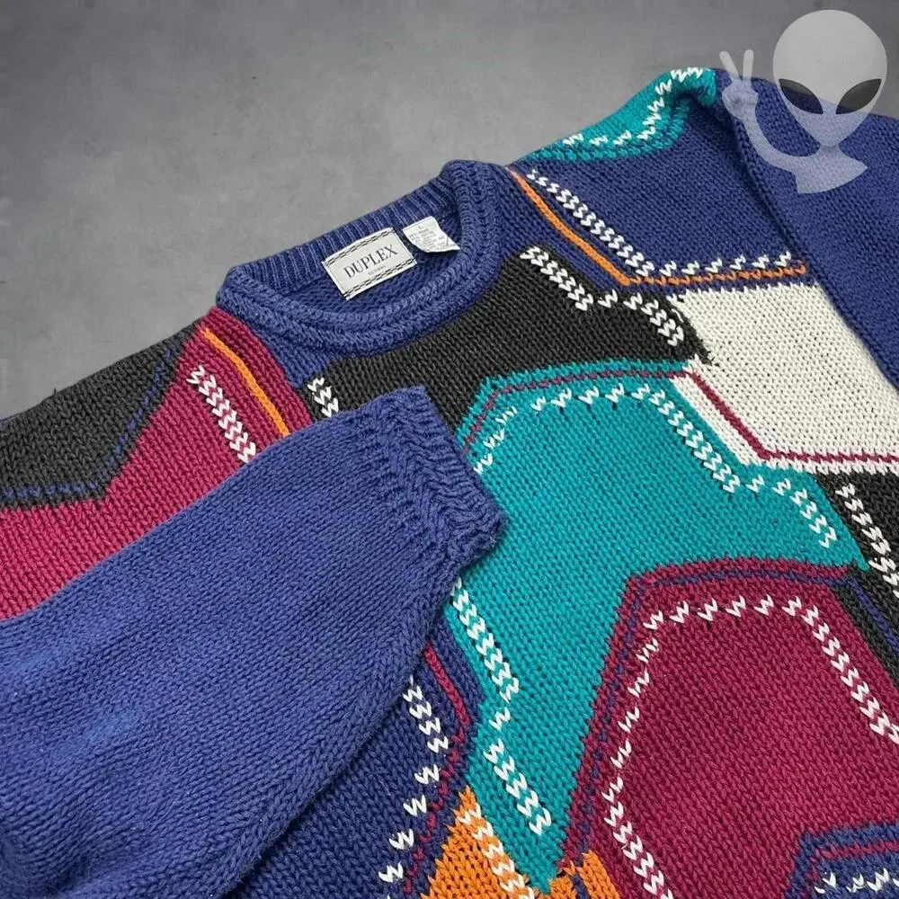 Duplex Knit Sweater Large Blue Multicolor Vintage 80s Pullover - Picture 2 of 5